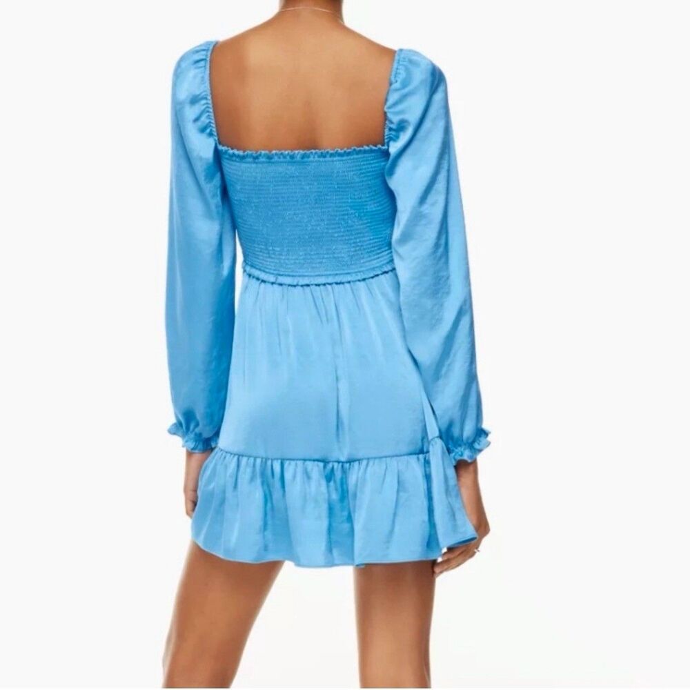 Aritzia Wilfred Tempest Satin Smocked Mini Dress Blue M Long Sleeve Babydoll - Picture 6 of 11